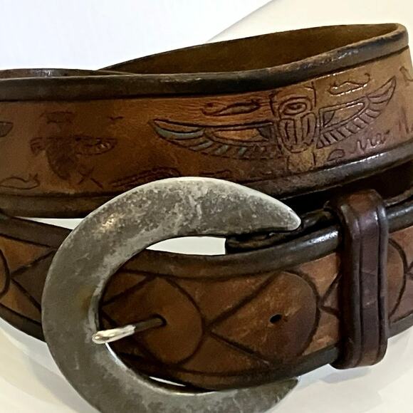 Vintage 70s Leather Belt Tooled Painted Egyptian Symbols Sz 34 Artisan Engraved - Picture 1 of 8